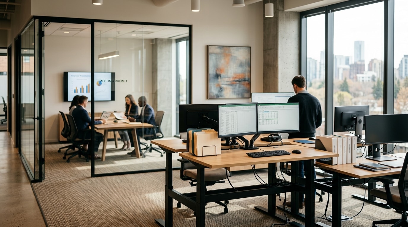 Modern accounting firm office with glass conference room and standing desks