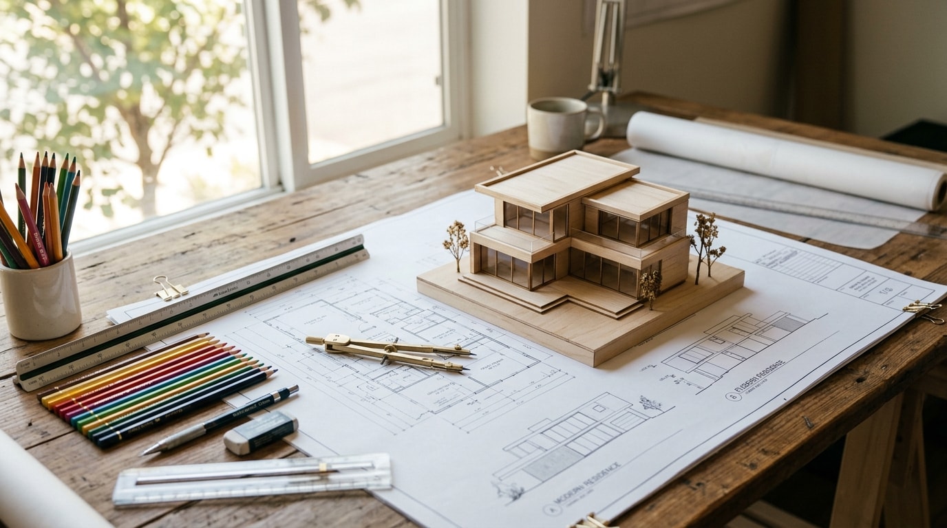 Architect desk with blueprints, scale model house, and drafting tools