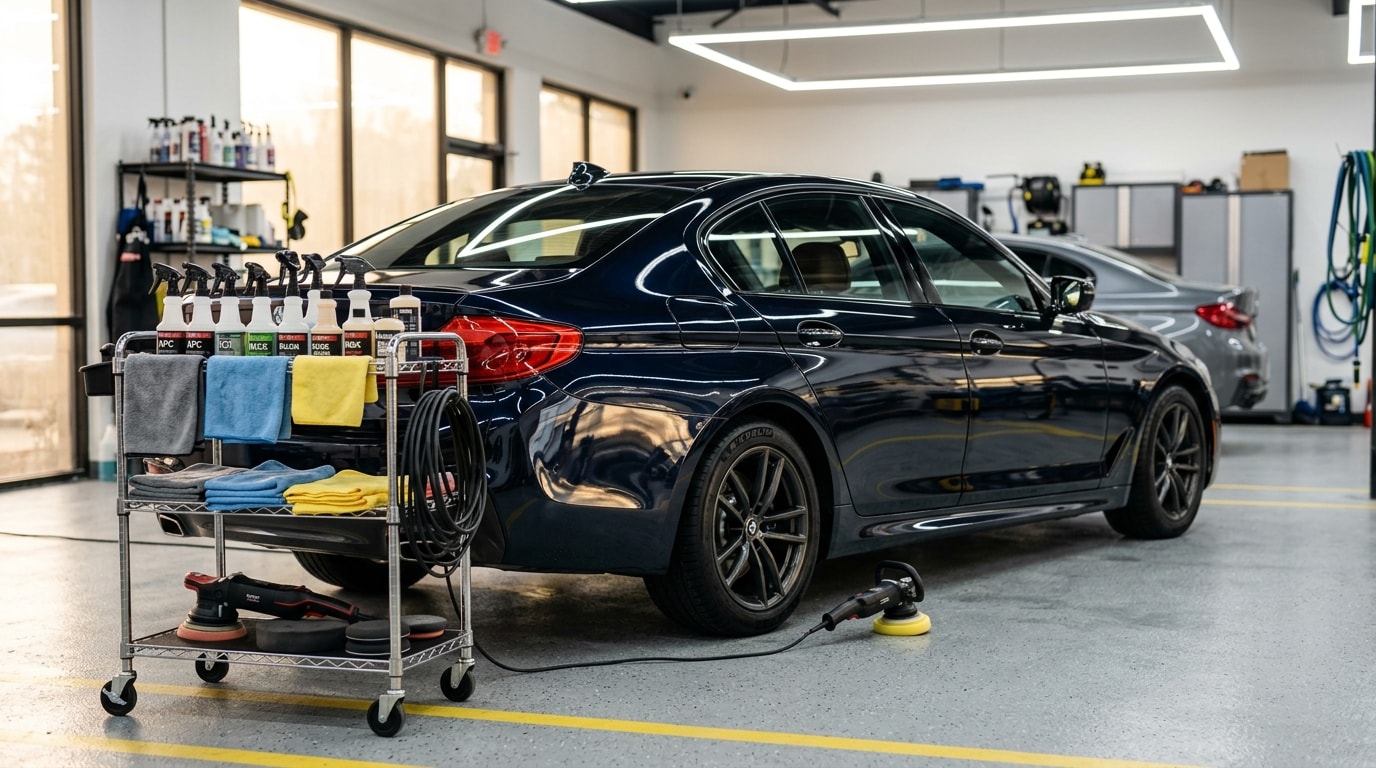 Dark sedan being polished in a professional detailing bay