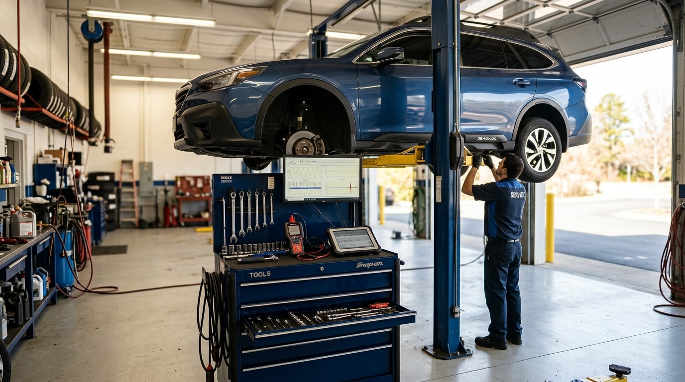 Auto repair shop bay with car on hydraulic lift and organized tool chest