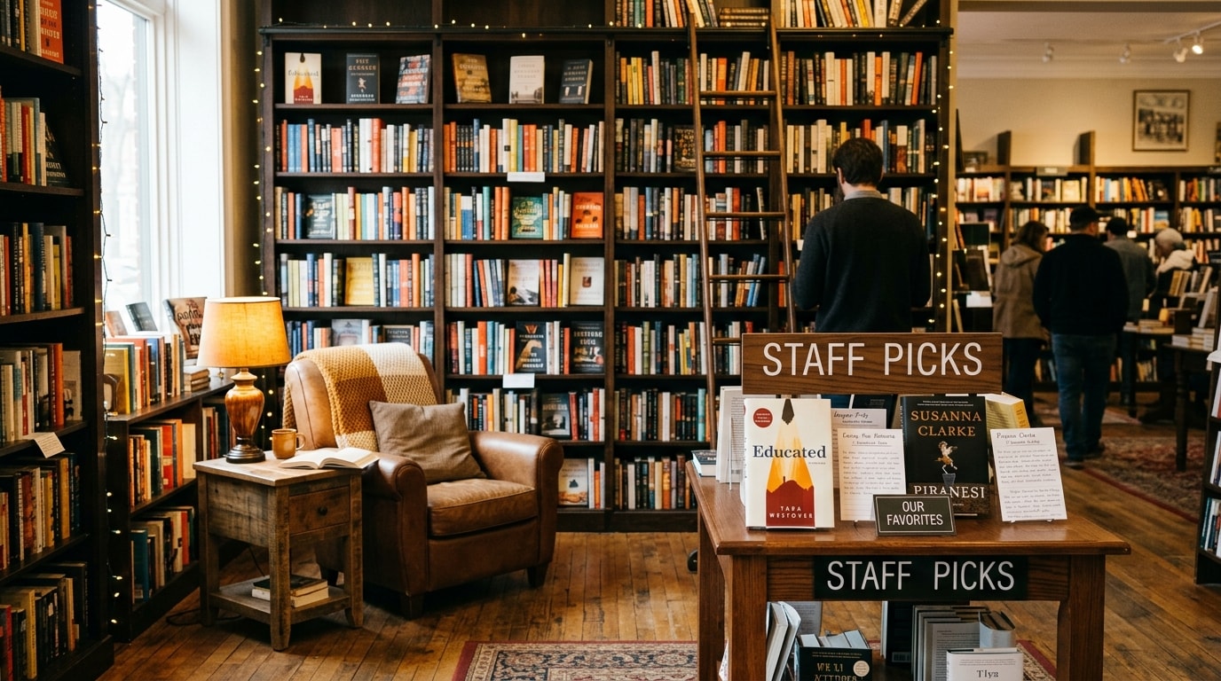Independent bookstore with floor-to-ceiling shelves and reading nook