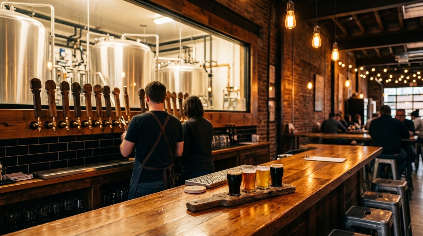 Craft brewery taproom with tap handles and stainless steel tanks