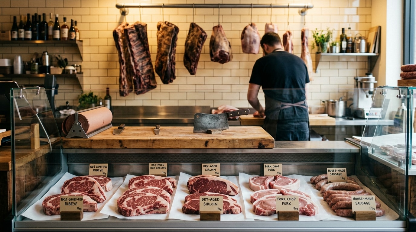 Butcher shop display case with premium cuts and dry-aged steaks