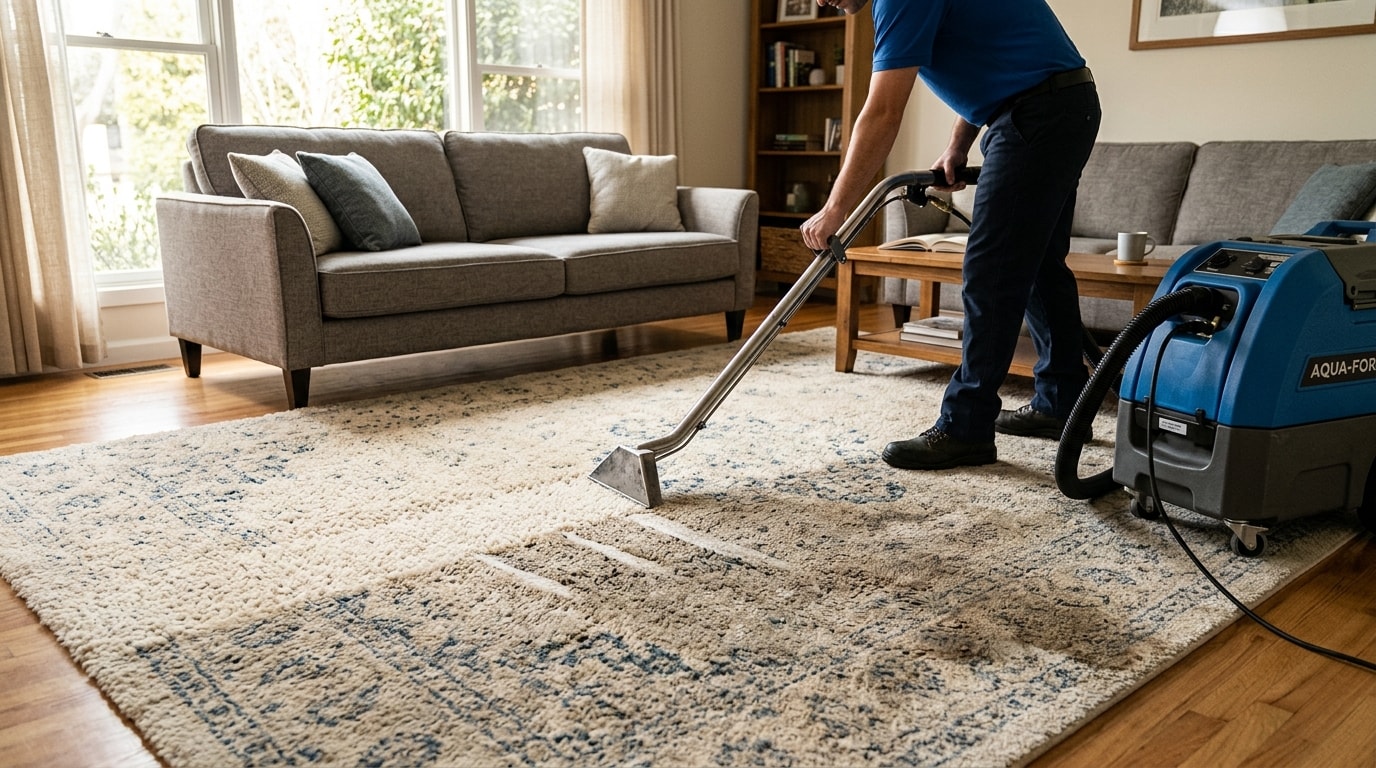 Living room carpet half cleaned showing dramatic before and after