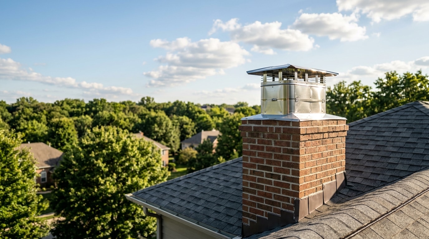 Clean brick chimney with new stainless steel cap on residential rooftop