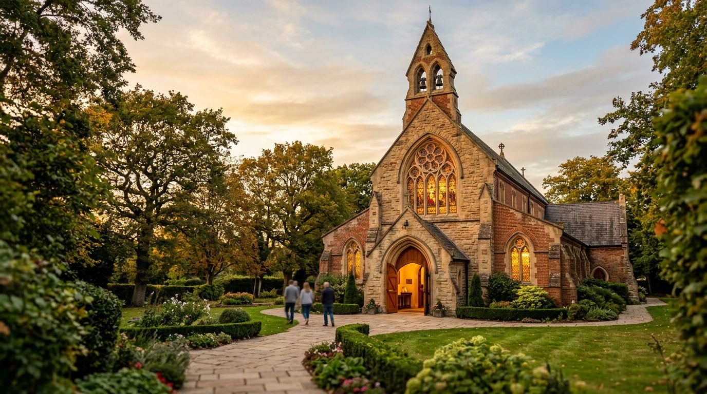 Church exterior at golden hour with stained glass windows glowing