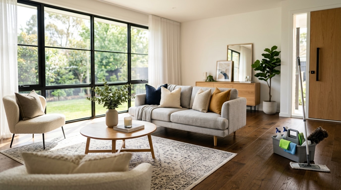 Spotlessly clean modern living room with gleaming hardwood floors