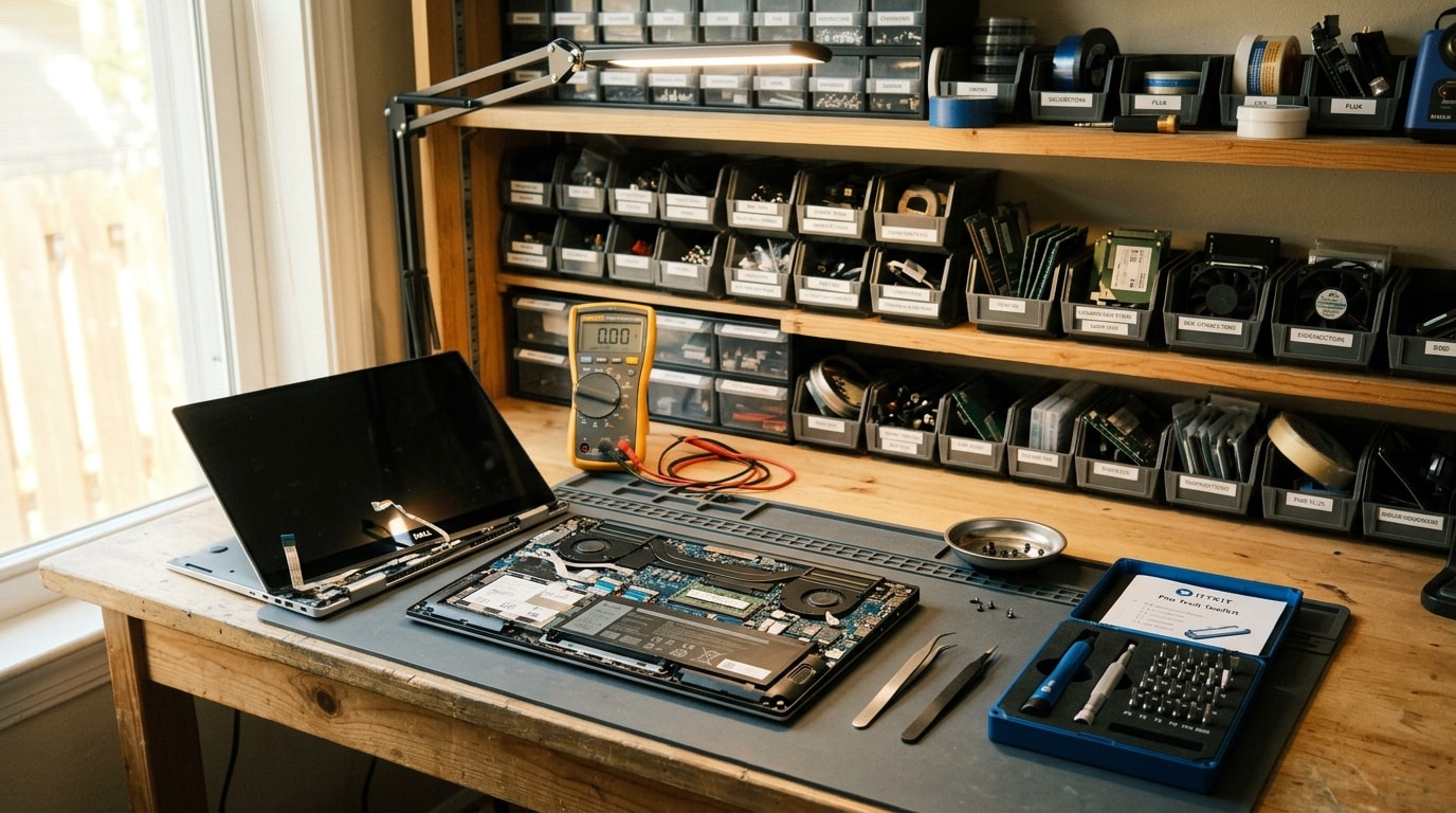 Computer repair workbench with open laptop and precision tools
