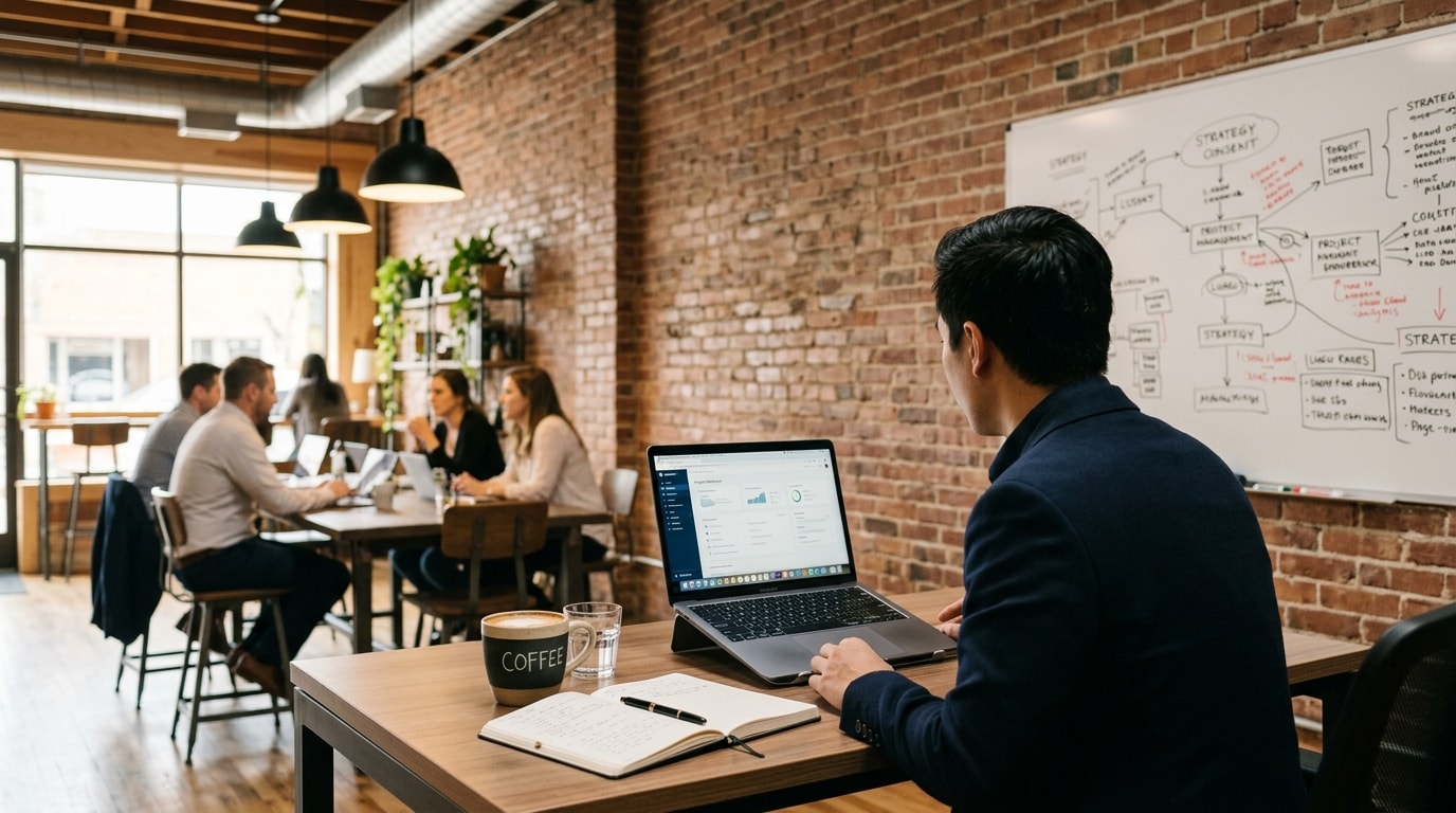Modern consulting office with whiteboard, laptop, and industrial decor