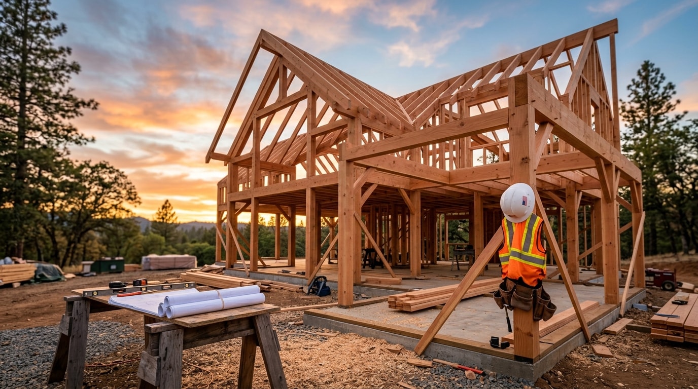 Home under construction at golden hour with timber framing and blueprints