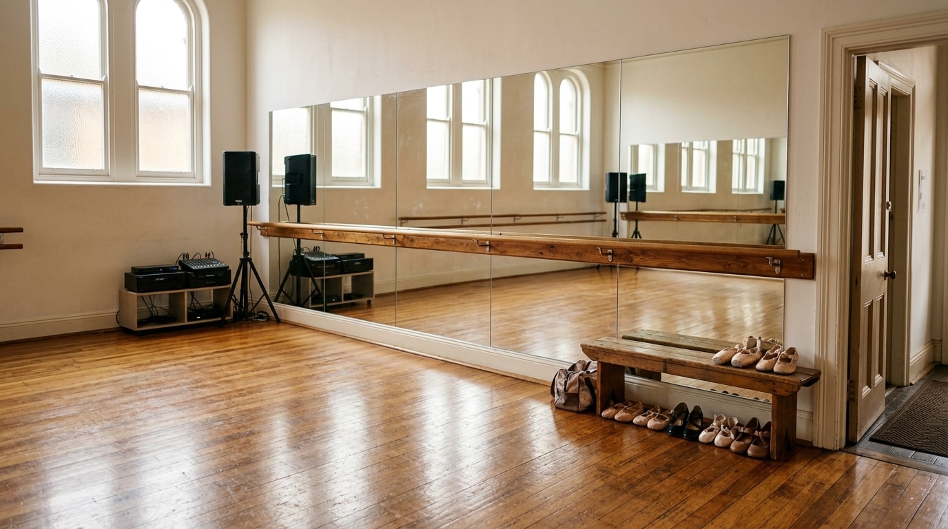 Dance studio with polished wood floor, mirrors, and ballet barre