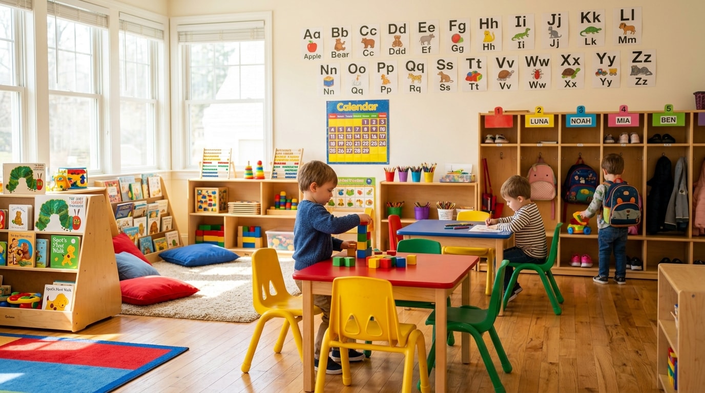 Bright colorful daycare classroom with small tables and educational toys