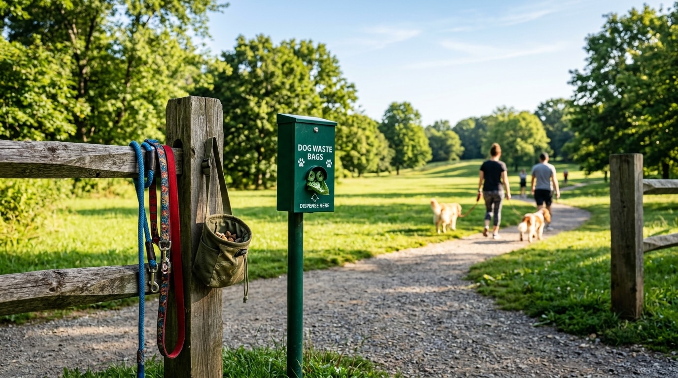 Scenic park path on sunny morning with leashes and treat pouch on fence
