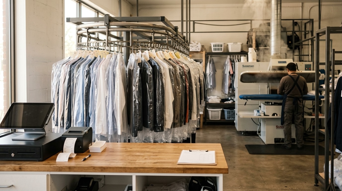 Dry cleaning shop with garments on conveyor rack and steam press