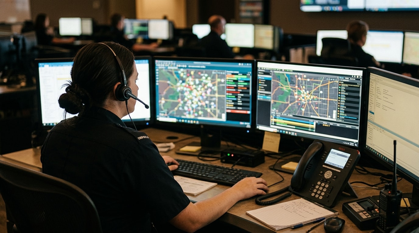 Emergency dispatch center with multiple monitors and headset
