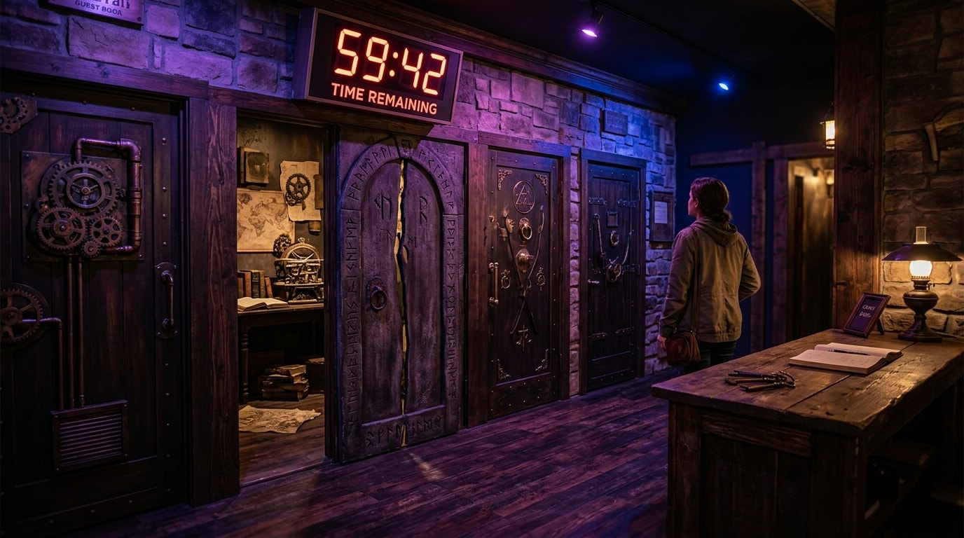 Escape room lobby with mysterious themed doors and atmospheric lighting