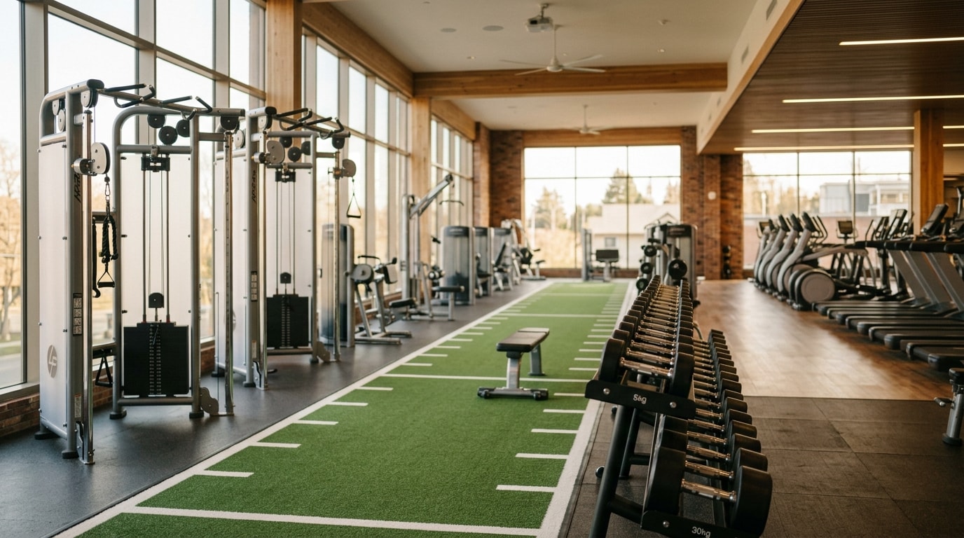 Modern gym floor with dumbbells, turf area, and cable machines
