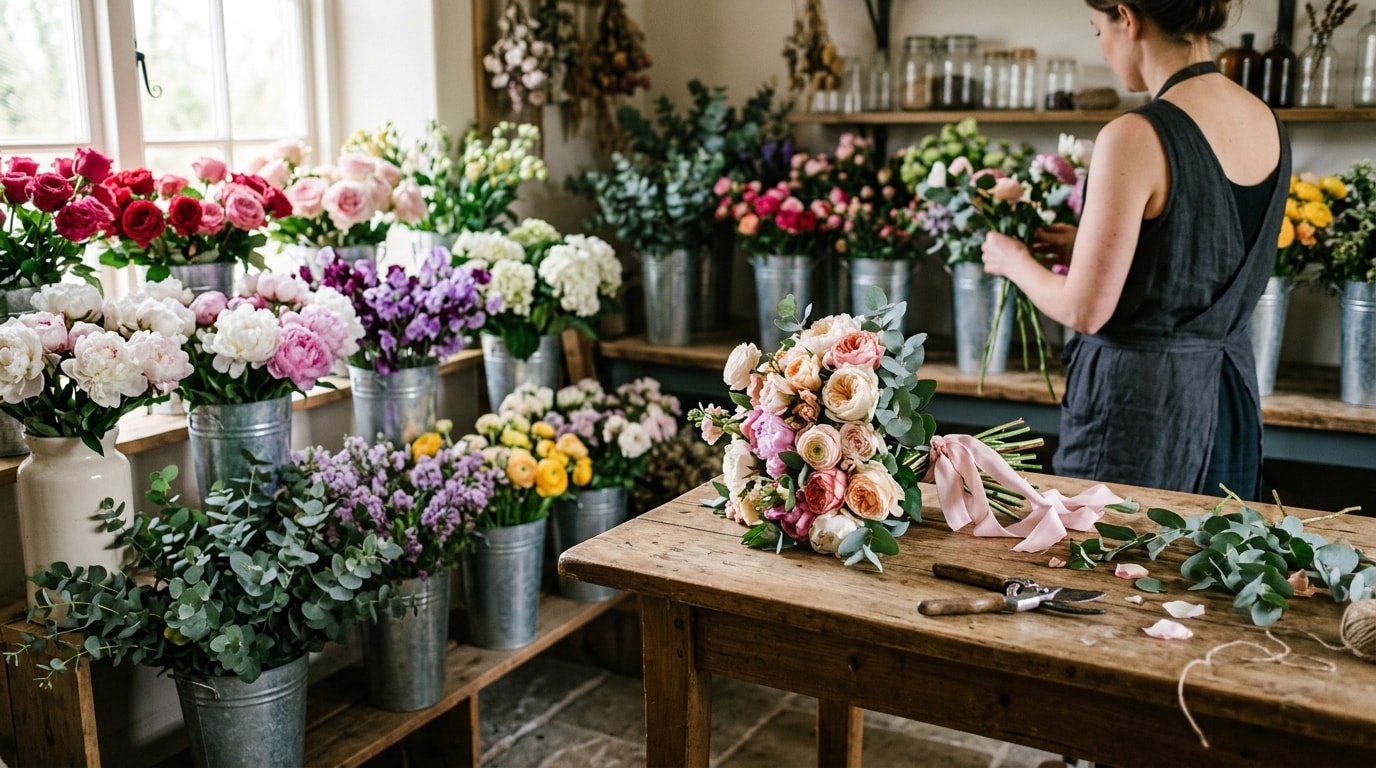 Florist workspace with buckets of fresh flowers and half-finished bouquet