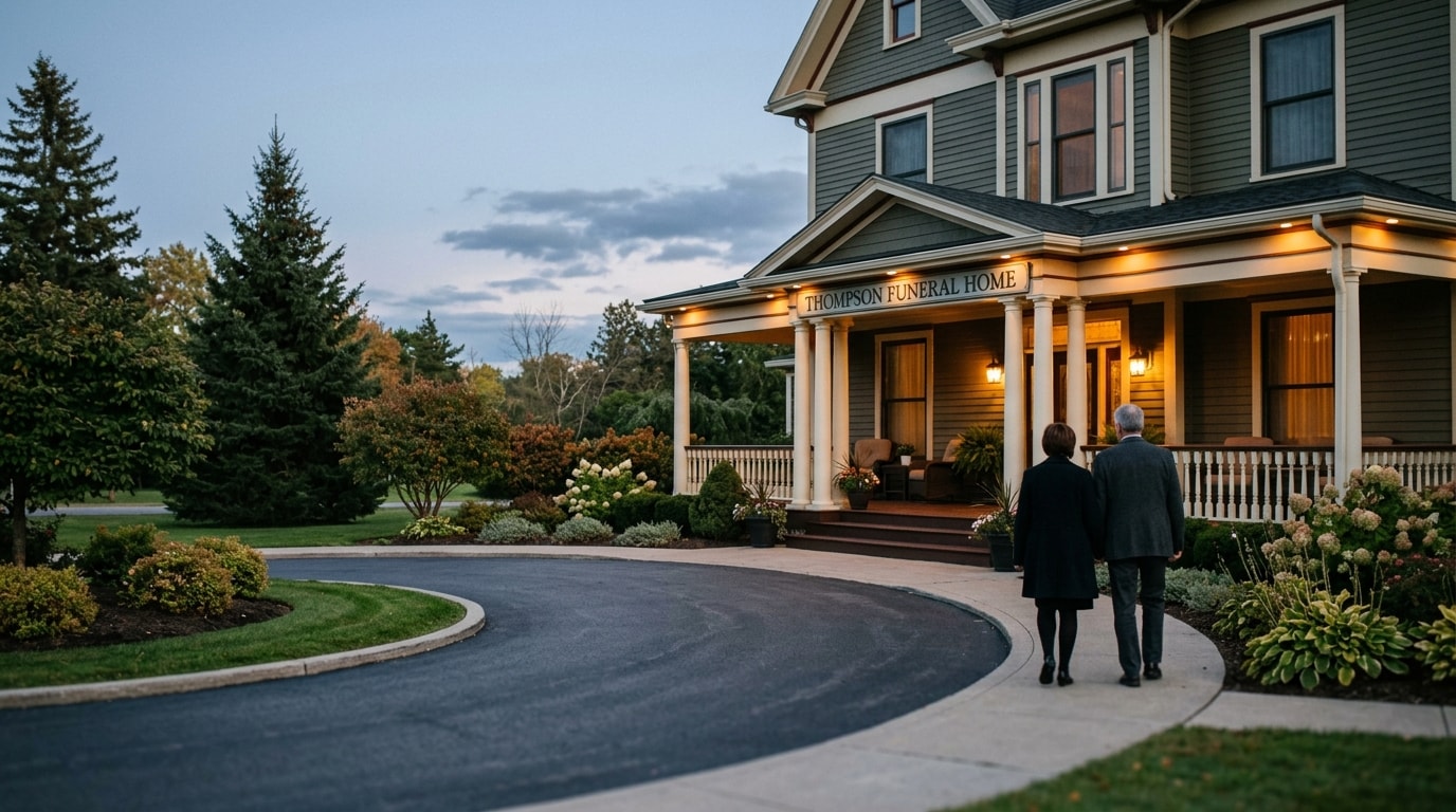 Dignified funeral home exterior with covered entrance and manicured grounds