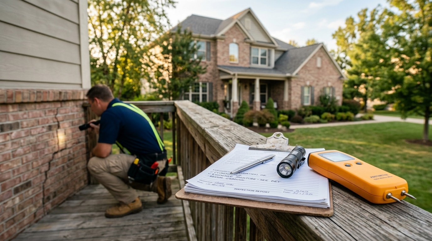 Home inspector clipboard and tools on porch railing with house in background