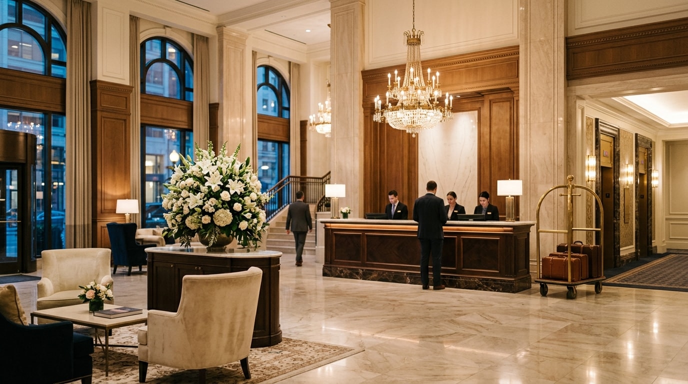 Luxurious hotel lobby with grand reception desk and chandelier