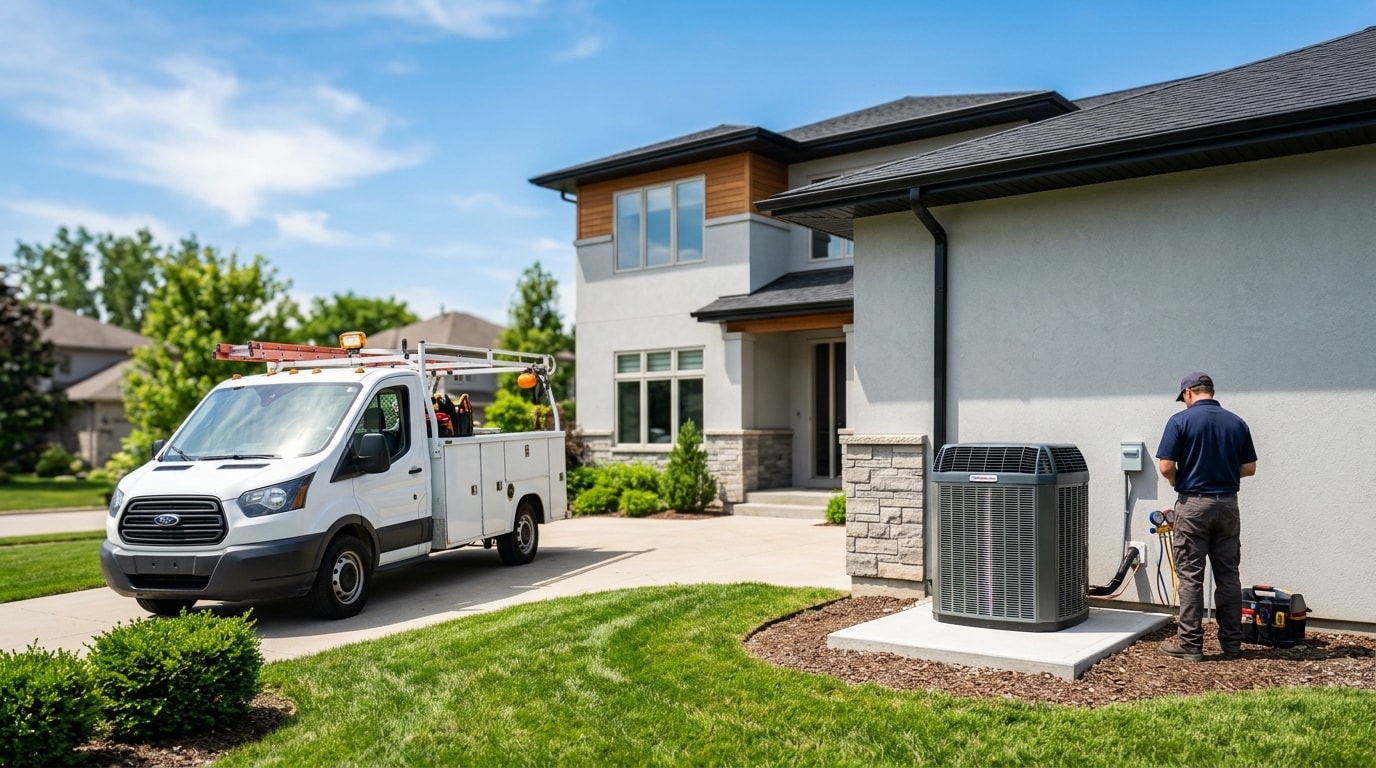 HVAC work truck at residential home with outdoor AC unit on sunny day