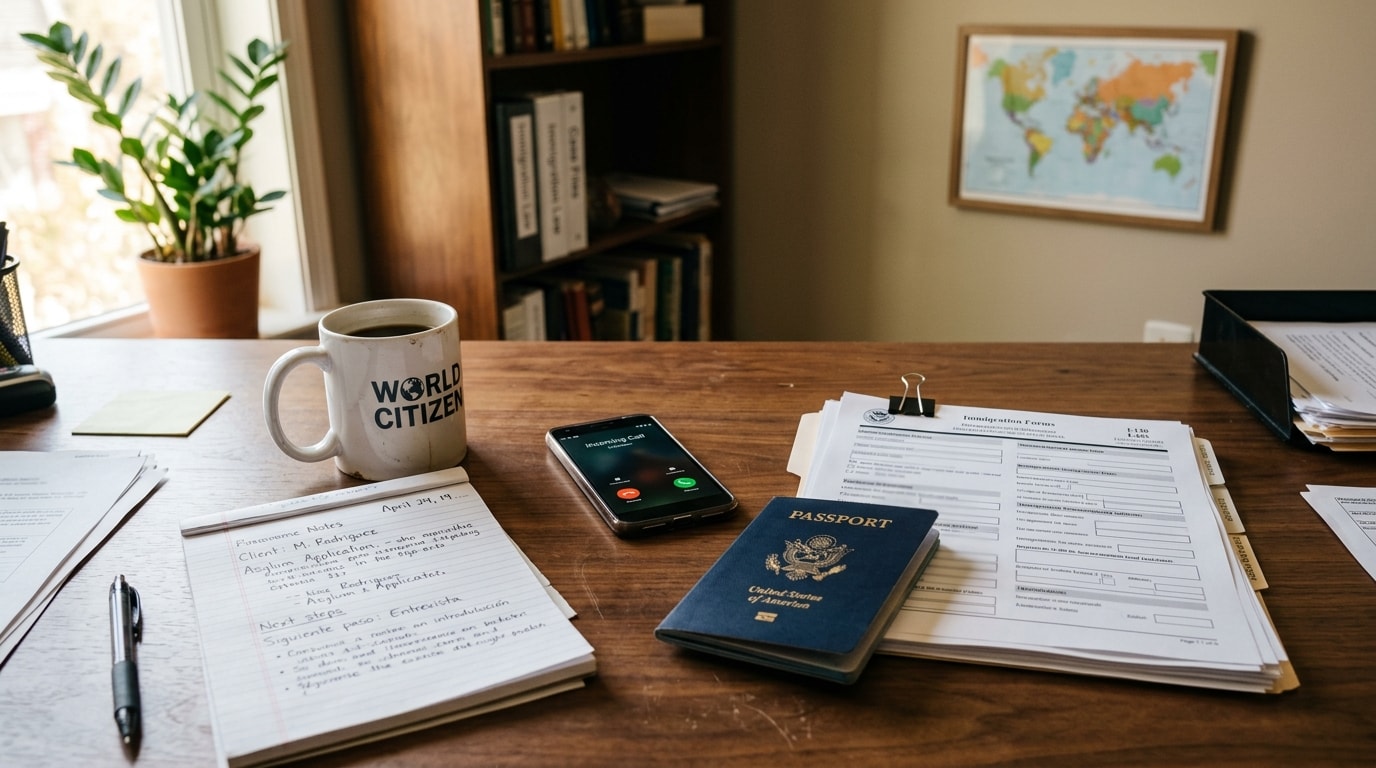 Immigration law office desk with naturalization certificate, passport, and case file under warm light