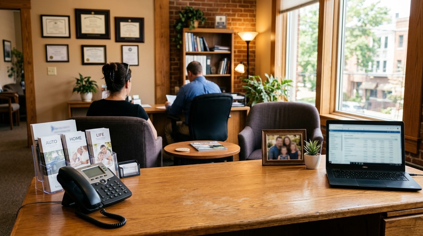 Insurance agency office desk with brochures, laptop, and client chairs
