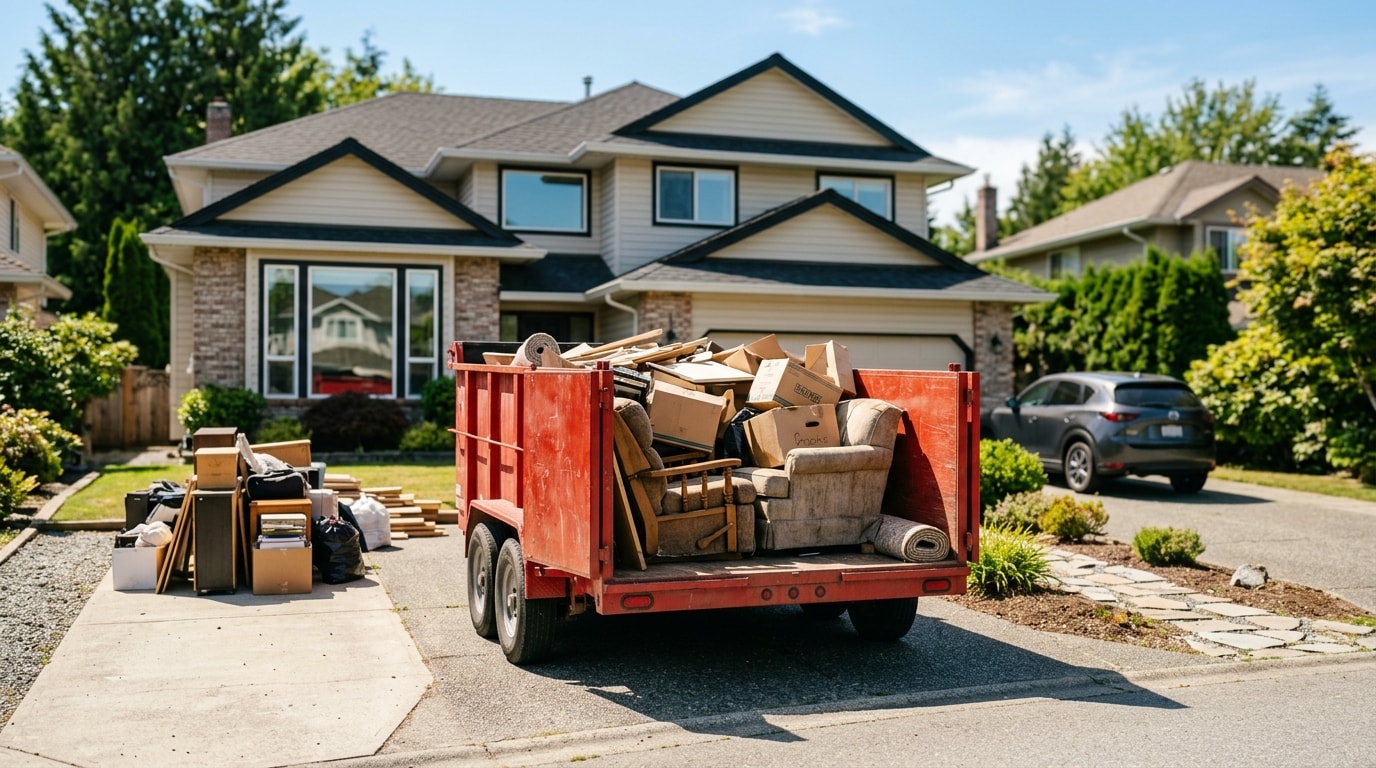 Dumpster in driveway loaded with old furniture during home cleanout