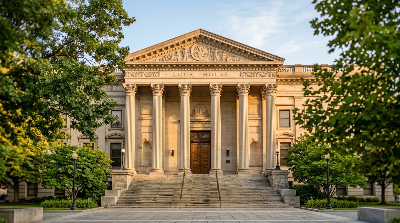 Courthouse exterior with stone columns and golden morning light