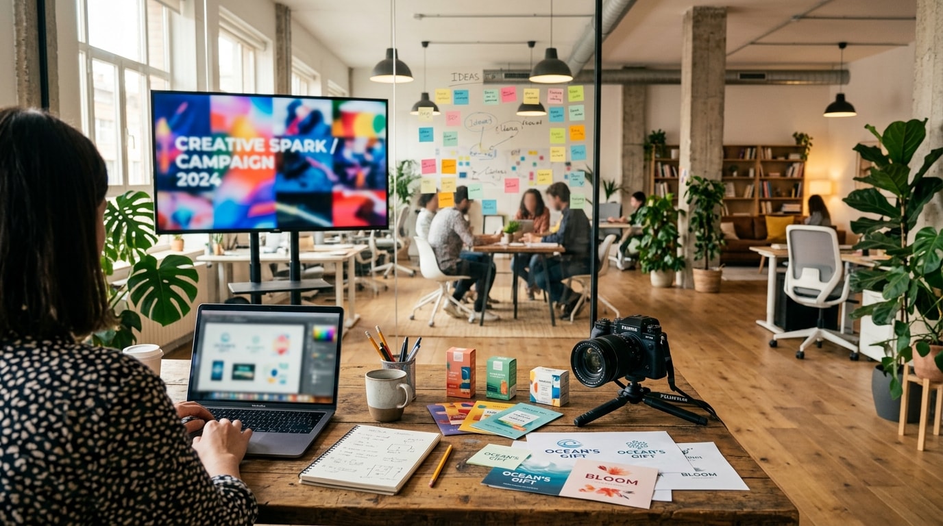 Creative agency office with monitors, sticky notes, and brand mockups