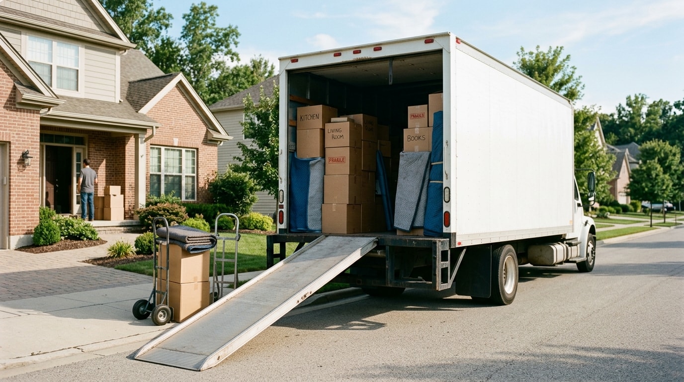 Moving truck at residential home with ramp down and boxes inside
