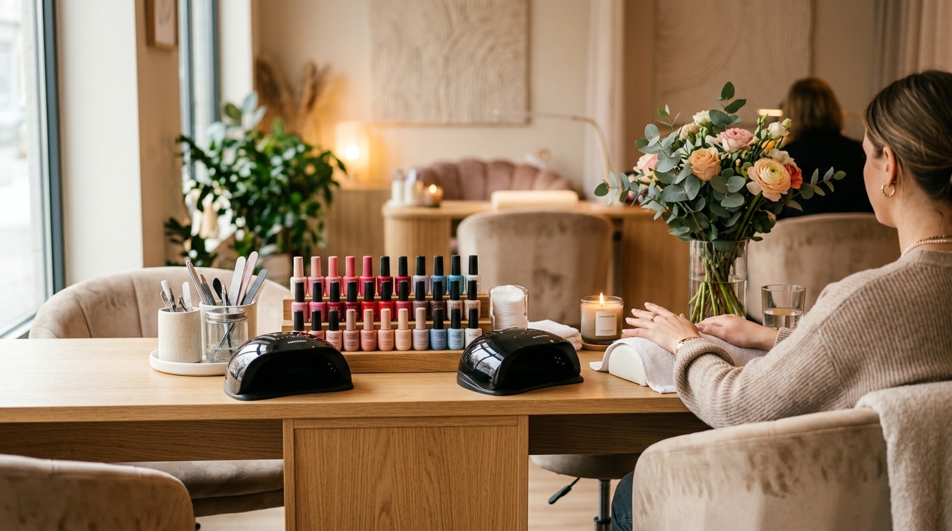 Modern nail salon station with polishes arranged by color and UV lamps