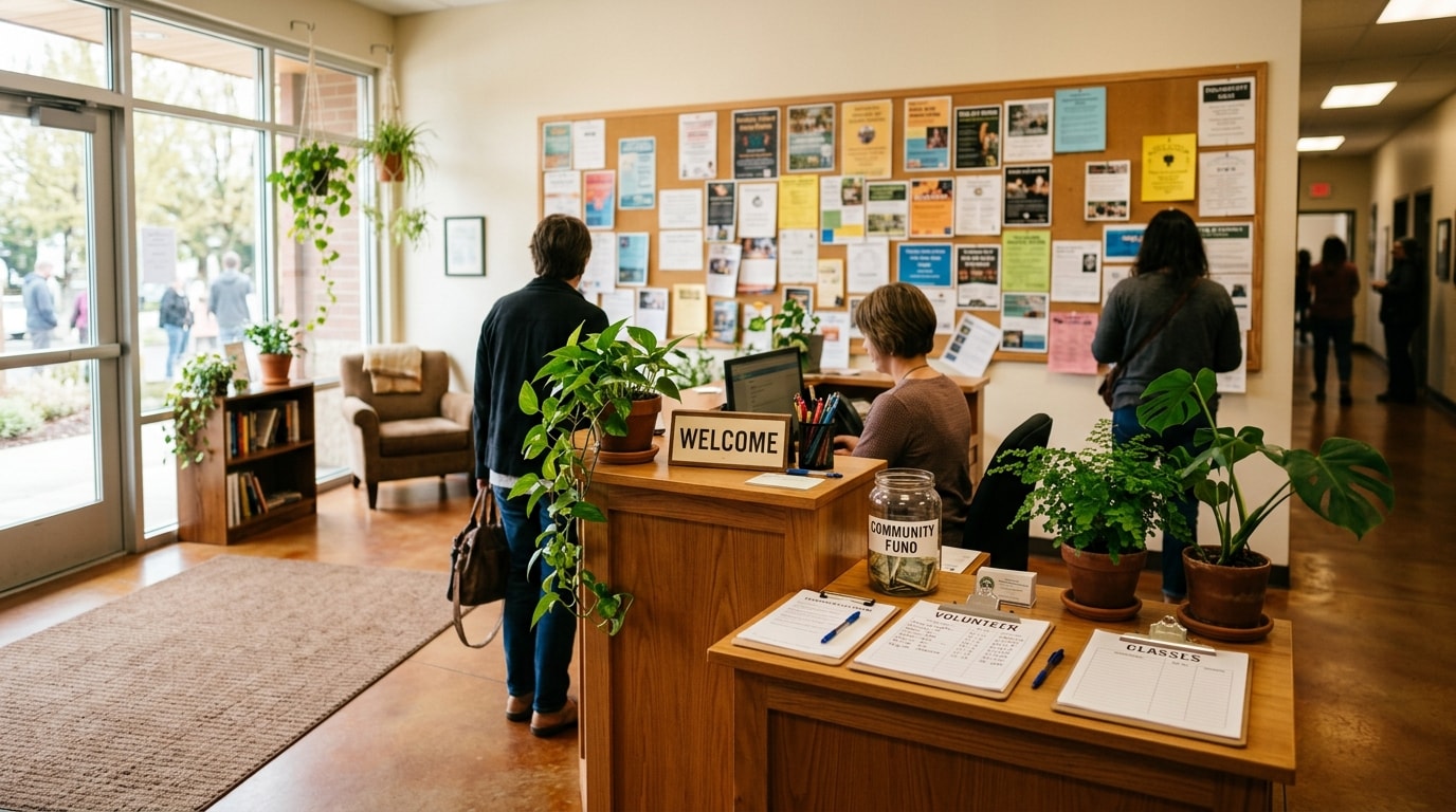 Community center entrance with welcome desk and bulletin board