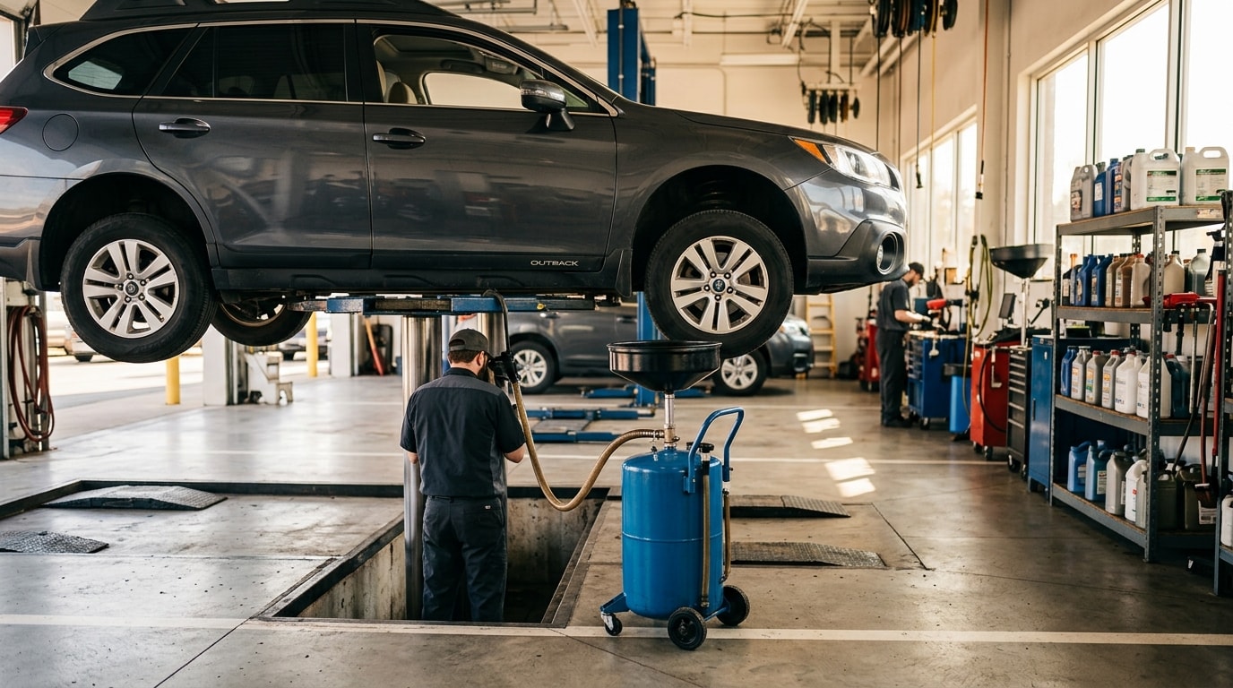 Quick lube service bay with car over the pit and fluid containers