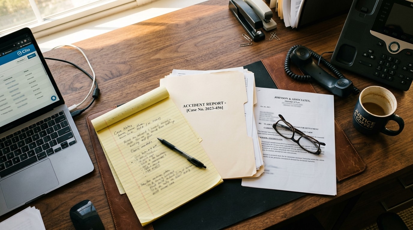 Personal injury law office desk with accident report folders, legal pad, and brass scales beside a window