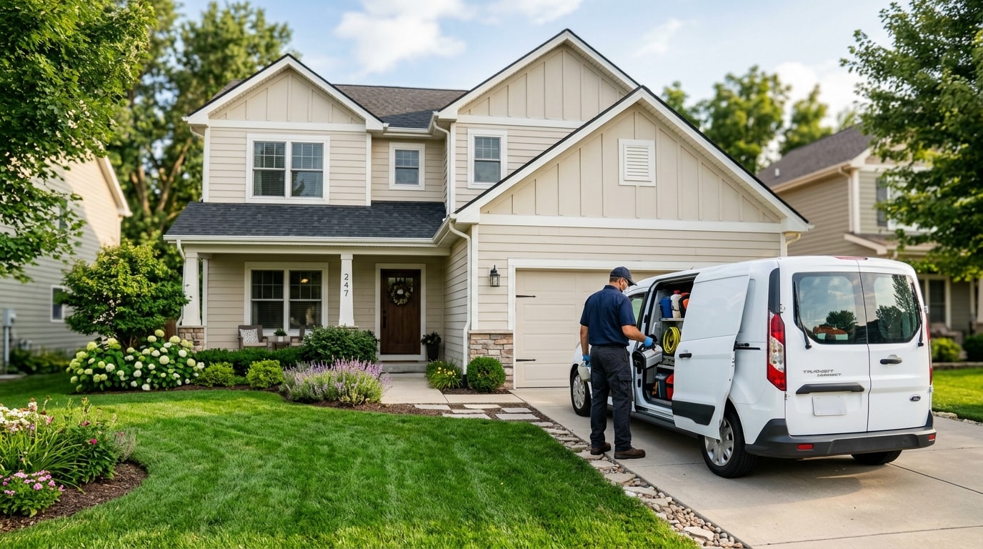 Suburban home exterior with pest control truck in the driveway
