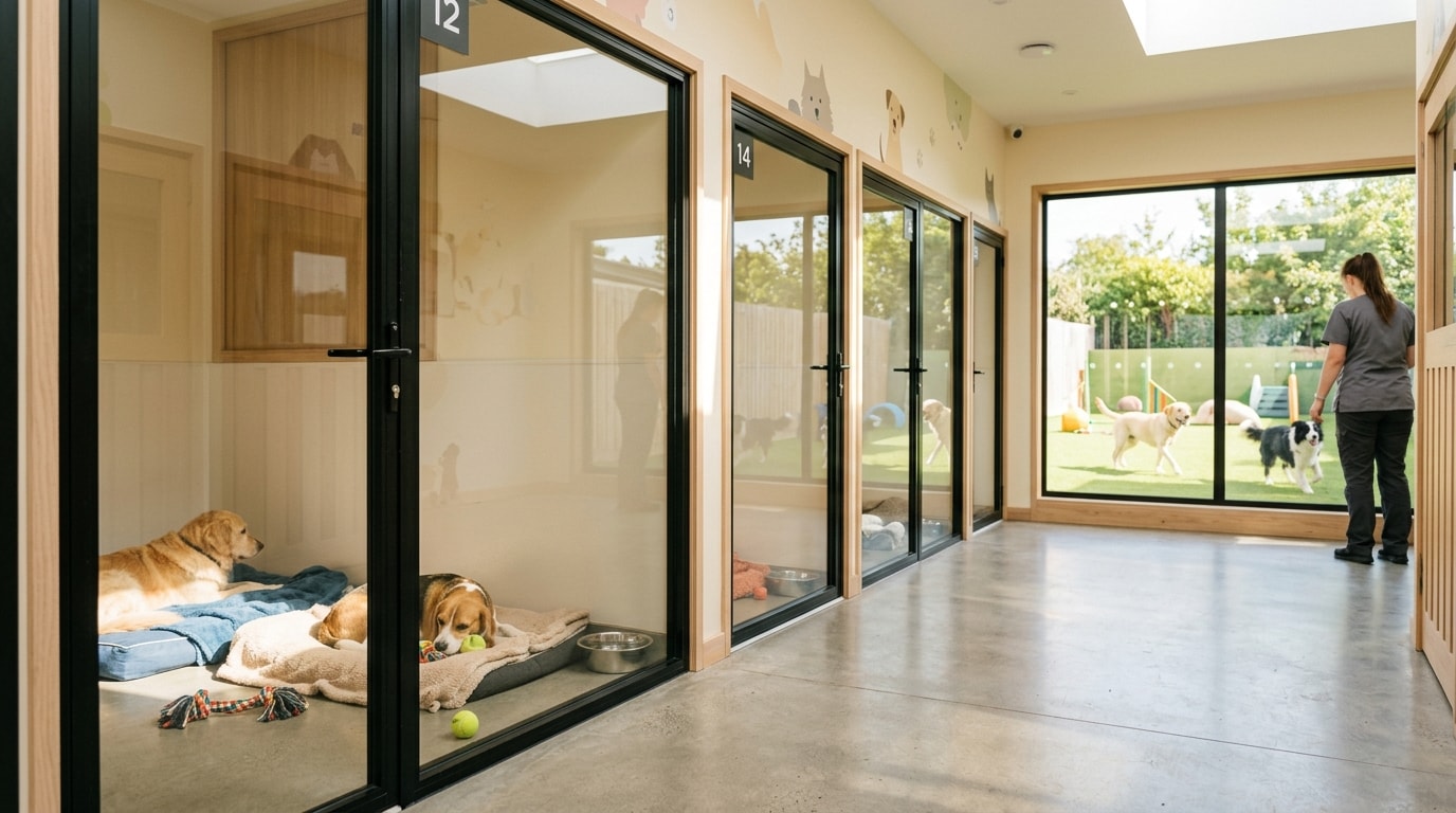 Modern pet boarding facility with kennels and outdoor play area