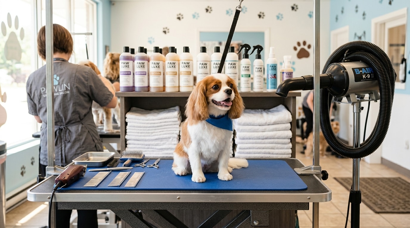 Pet grooming station with professional clippers, shampoo, and groomed dog
