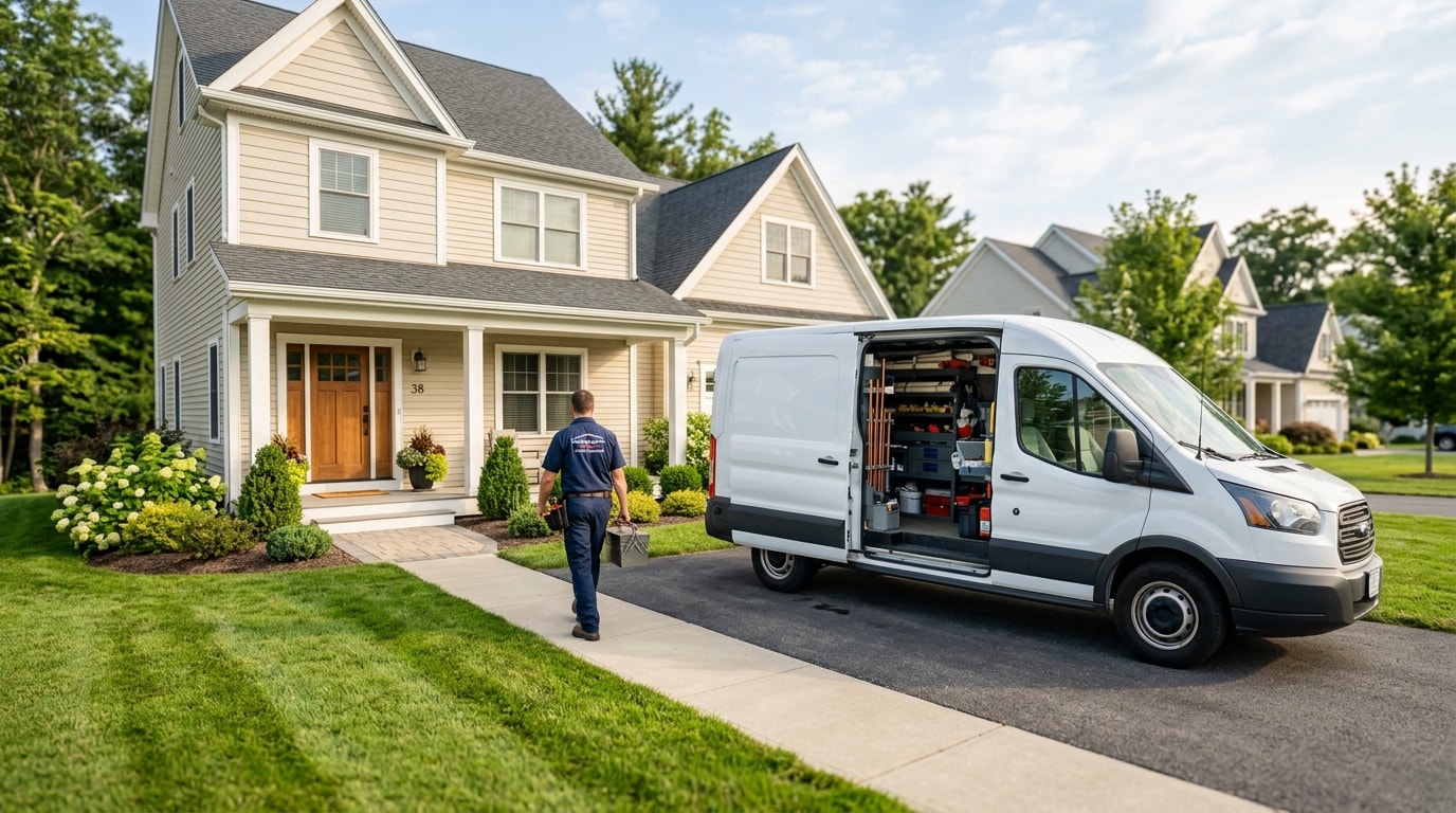 Plumbing work van in driveway with organized tools and residential home