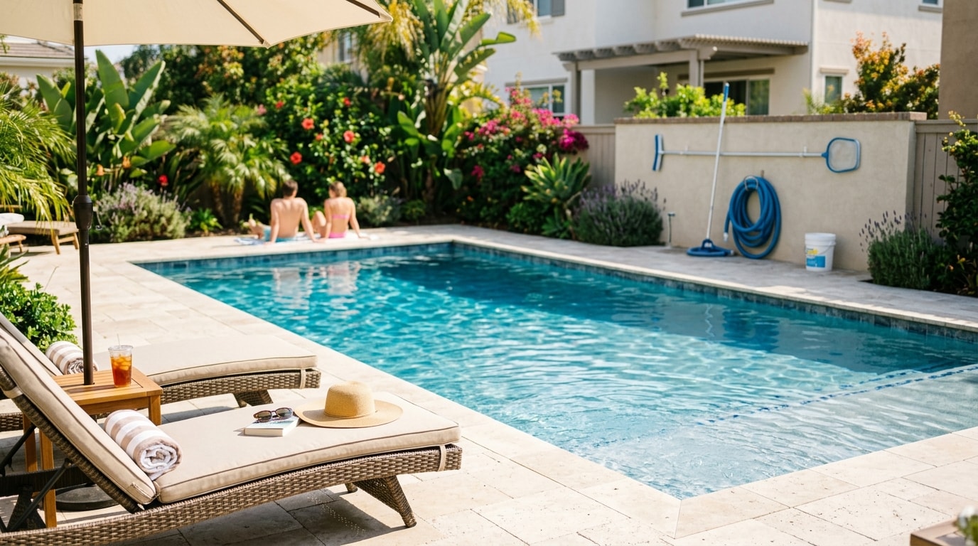 Sparkling clean residential swimming pool on a sunny afternoon