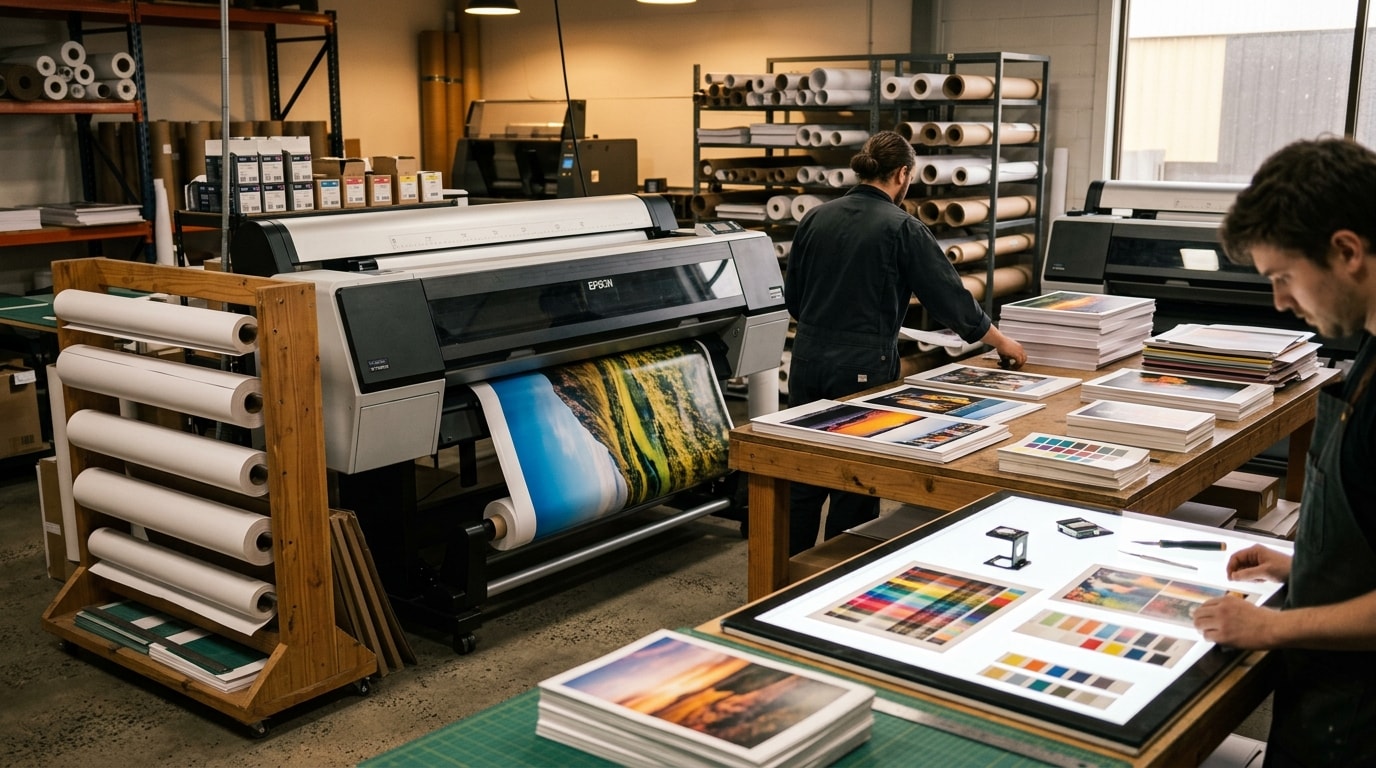 Print shop with large format printer running and color proofs on light table