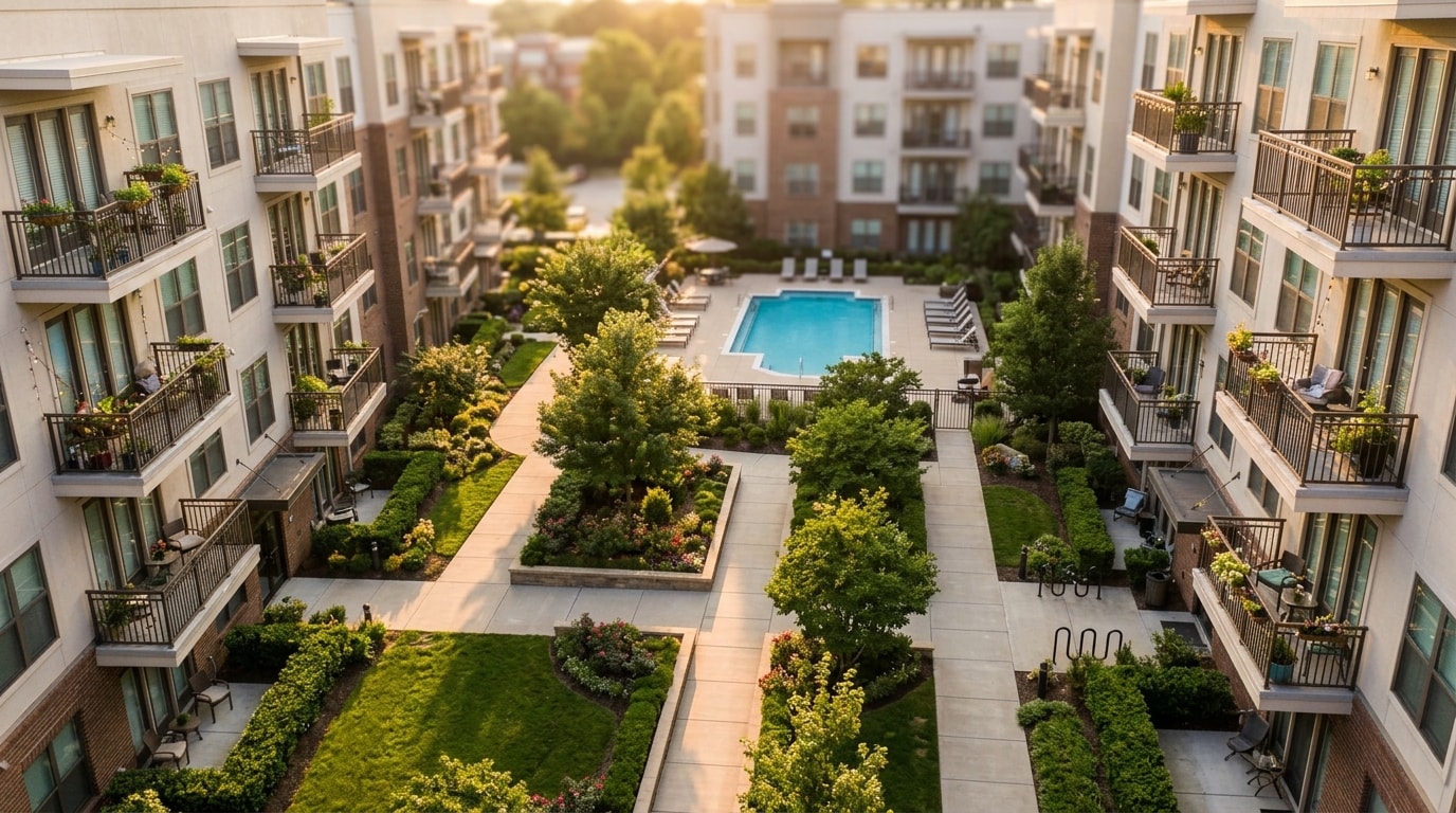 Well-maintained apartment complex courtyard with pool and landscaping