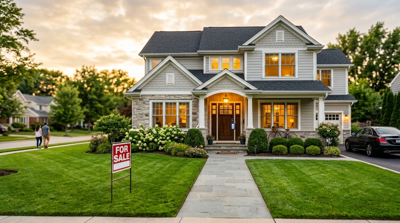 Beautiful home with for-sale yard sign at golden hour