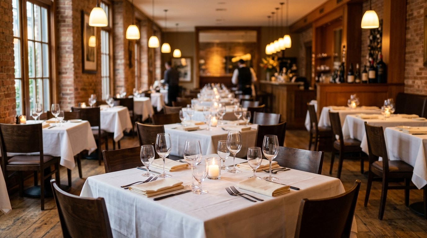 Restaurant dining room set for service with white tablecloths and candles