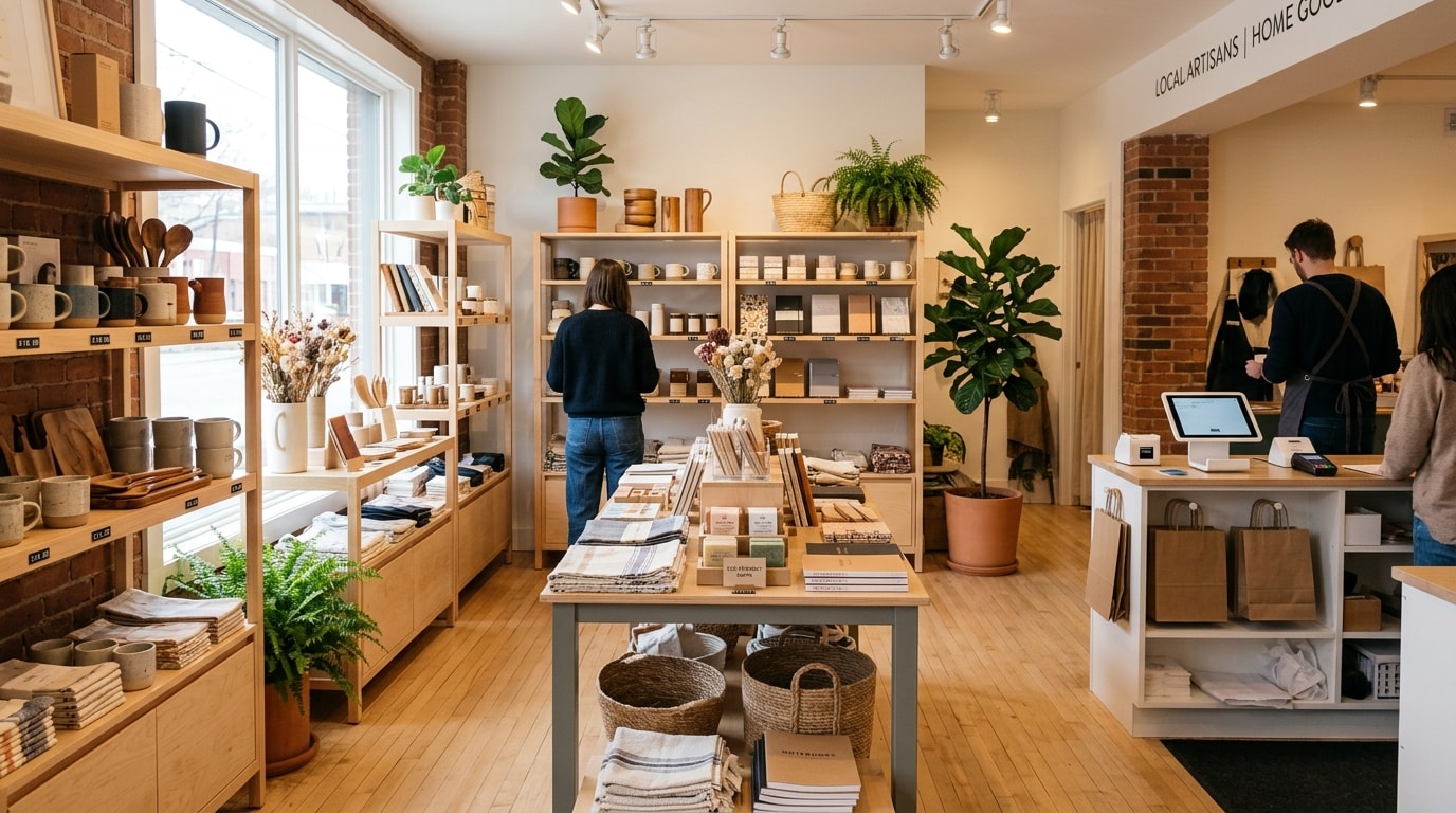 Well-organized retail store interior with product displays and checkout counter