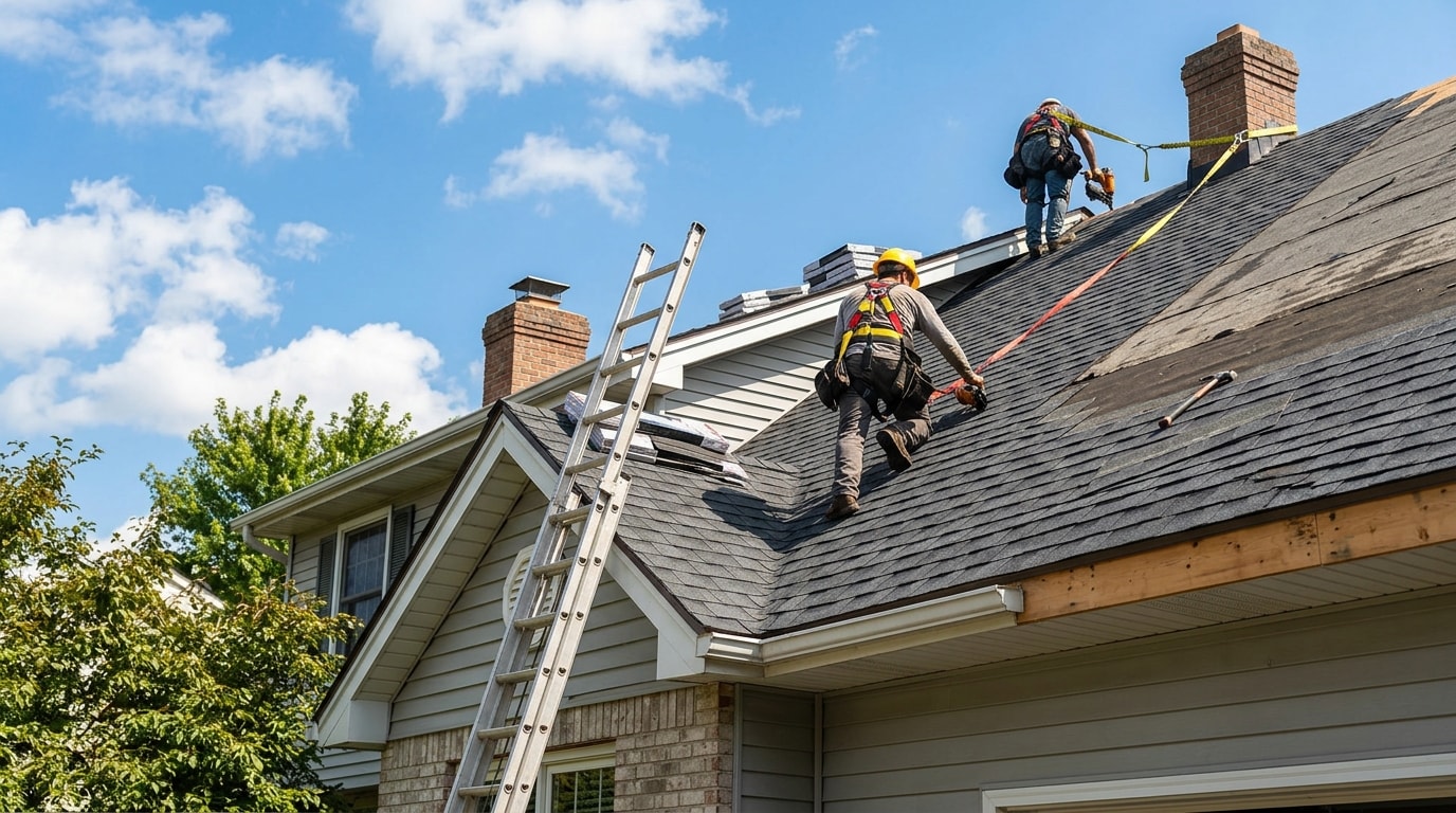 Residential roof with new shingles being installed against blue sky