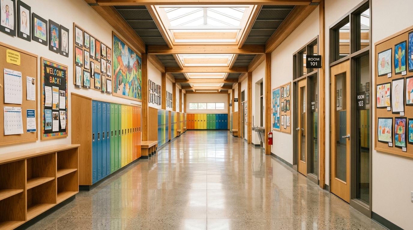 Modern school hallway with colorful lockers and student artwork