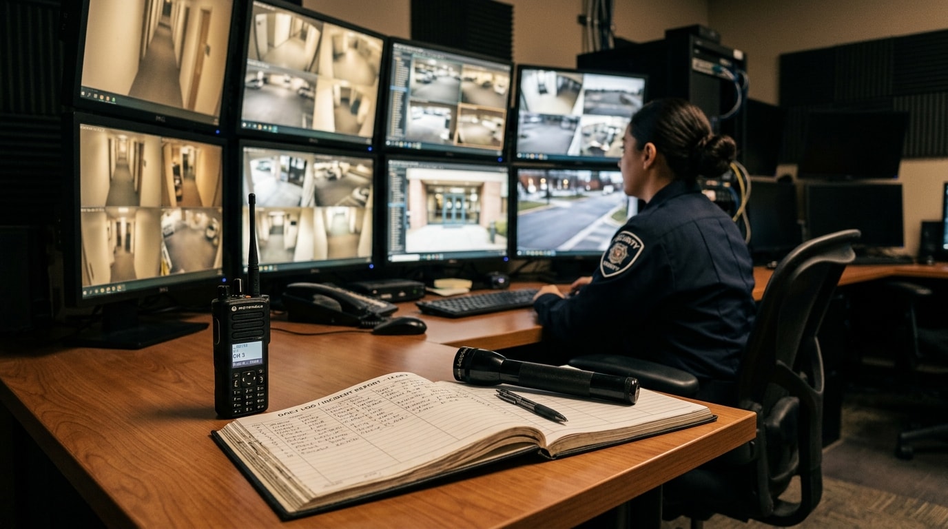 Security monitoring station with CCTV screens and two-way radio