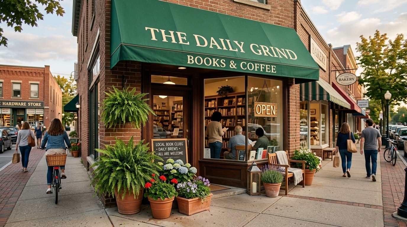 Charming Main Street storefront with awning and open sign